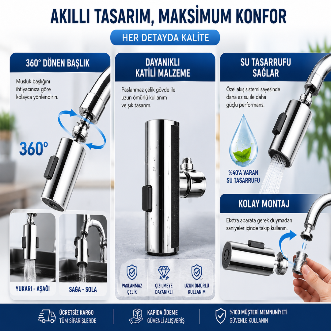 Premium 360° Döner Paslanmaz Çelik Musluk Başlığı
