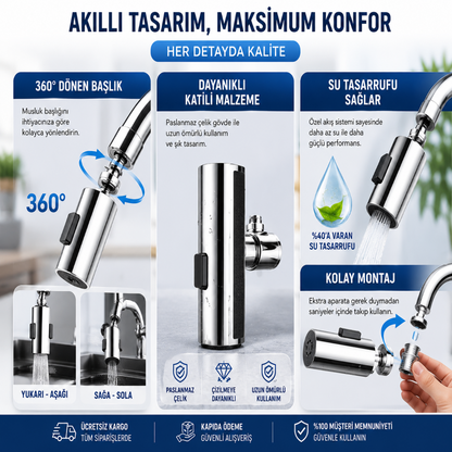 Premium 360° Döner Paslanmaz Çelik Musluk Başlığı